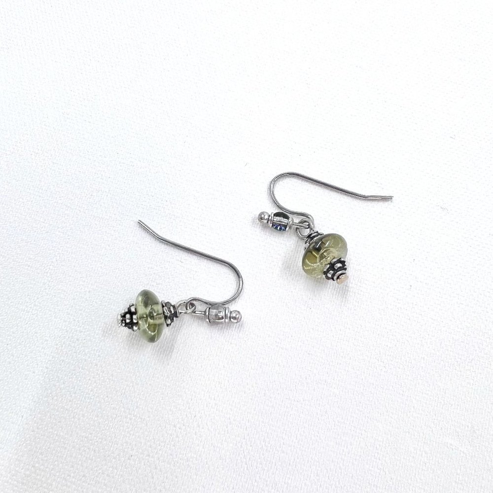 Sweet Little Green Glass Bead Silver Tone Dangle Fishhook Earrings